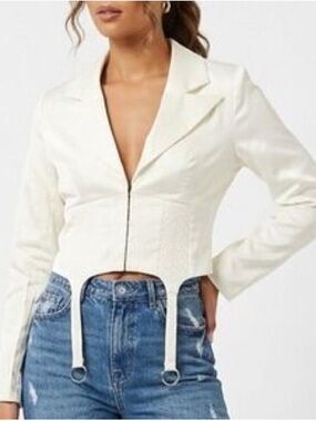 naked wardrobe Cream Cropped Zip Blazer with Grommet Straps